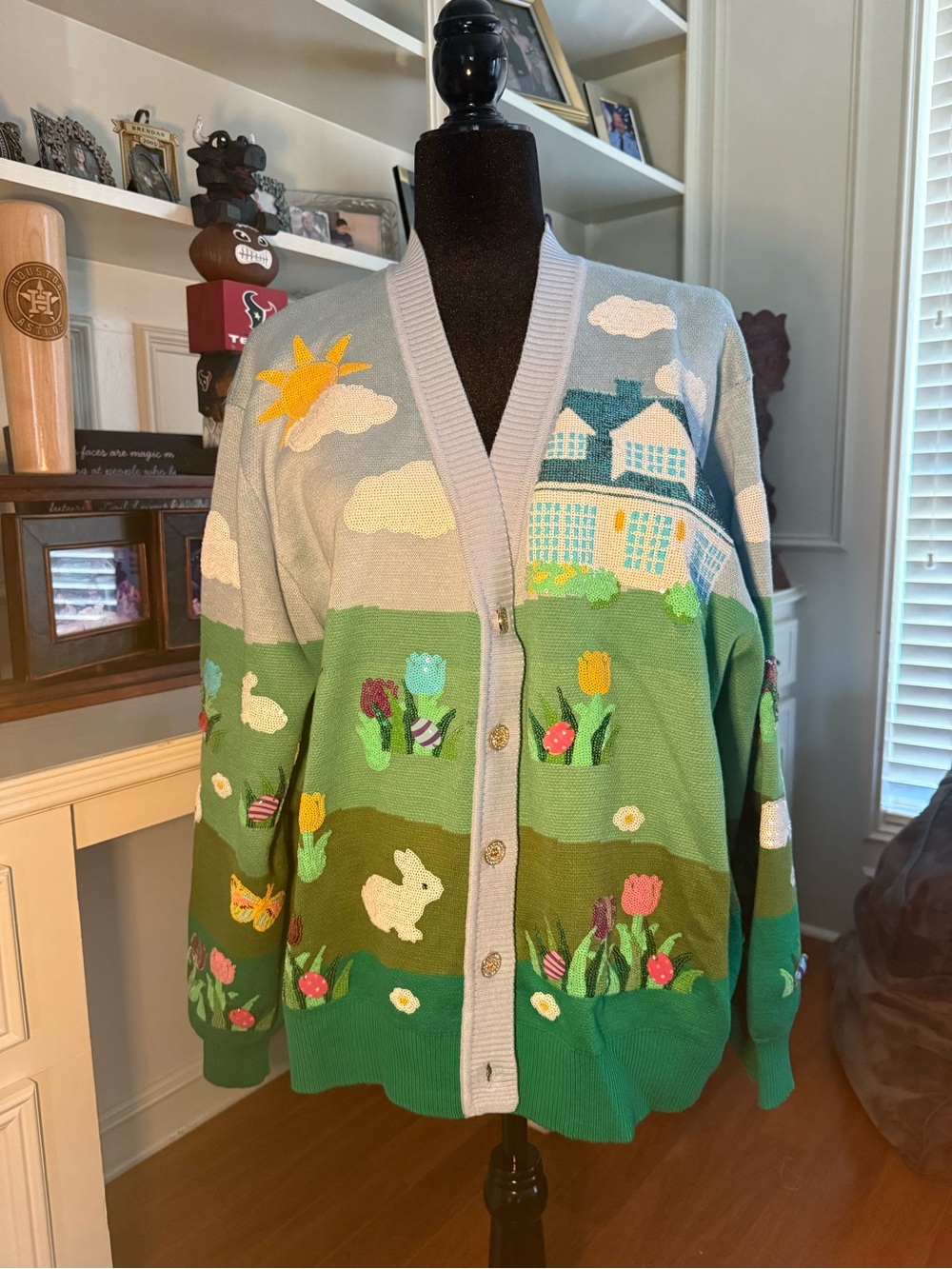 QUEEN OF SPARKLES Light Blue & Green Embroidered Sequined Spring Scene Cardigan